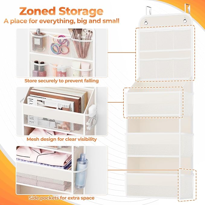 SpaceHacks 5-Tier Over the Door Organizer with Mesh Pockets, Baby Nursery Storage for Closet, Bathroom and Bedroom, Adjustable Hanging Closet Organizer for Cosmetics, Books and Essentials (Beige)