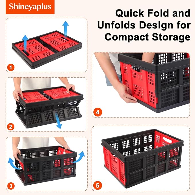 55L Collapsible Storage Bins with Handle, | Platic Storage Crates for Organizing Tools, Books, Food, Drinks, Camping & Home, Large to Hold 55 lbs Folding Utility Crate
