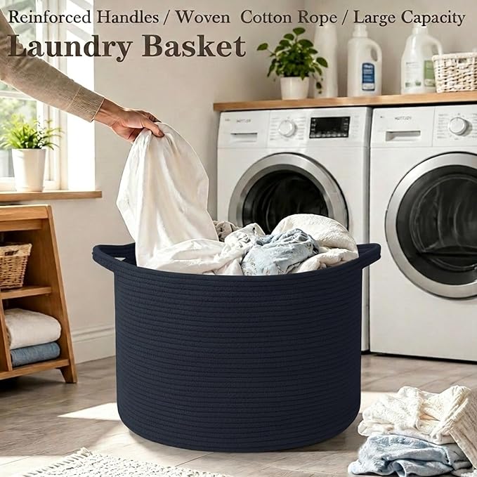 65L Large Blanket Basket,Woven Rope Laundry Basket-Dark Blue | Collapsible, reinforced handles, nursery storage bin organizes clothes, toys and pillows for living room, bedroom bathroom