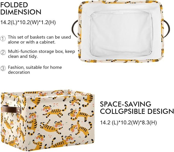 Cute Tigers Storage Basket with Handles Collapsible Canvas Storage Bin Toy Decorative Basket Closet Organizer for Nursery Bedroom Home