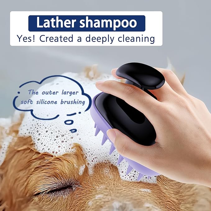All-purpose Dog Shampoo Bath Brush,Pet Grooming & Soothing Massage Silicone Brush,Fits Ergonomically in the Hand for Long Short Haired Dogs and Cats(Black Purple)