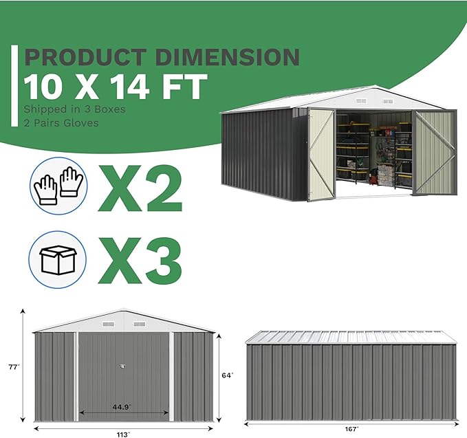 Patiowell 10x14 FT Outdoor Storage Shed, Grey | Garden Metal Shed, Lockable Doors, Sloping Roof, Large Outside Utility Tool Sheds For Backyard Garden Patio