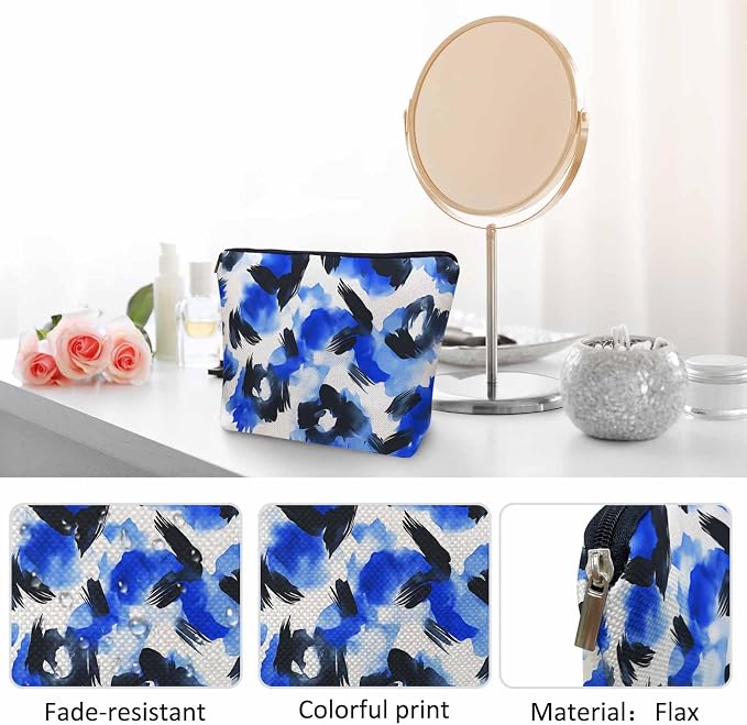 Leopard Print Makeup Bag For Women, Leopard Skin Adorable Cosmetic Bag Makeup Bags, Leopard Fur Zipper Bag Travel Bags Toiletry Organizers Pouch Bags Washing Bags For Gym Bathroom Blue Black