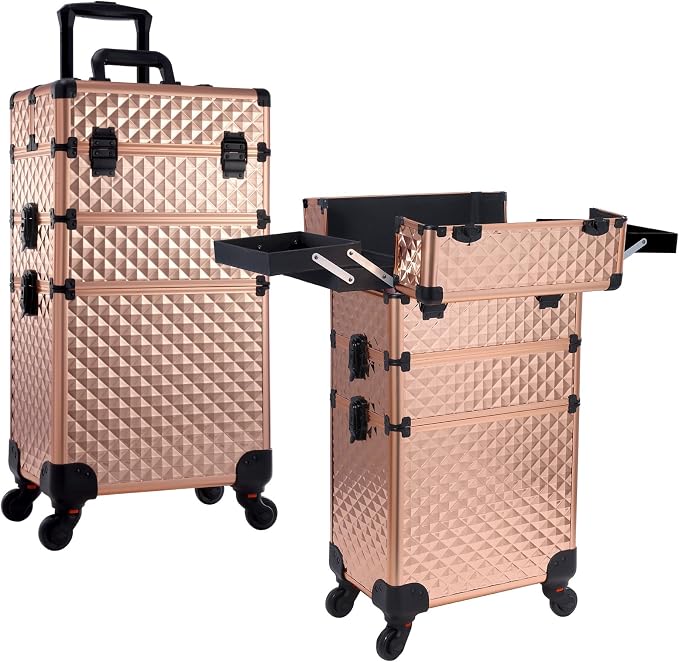 Rolling Makeup Train Case 3 in 1 Professional Cosmetic Trolley Large Storage with keys Swivel Wheels Salon Barber Case Traveling Cart Trunk for Make Up Nail Tech - Vintage Rose Gold | Cosmetic Trolley Large Storage with Keys 360° Swivel Salon Barber Ca...