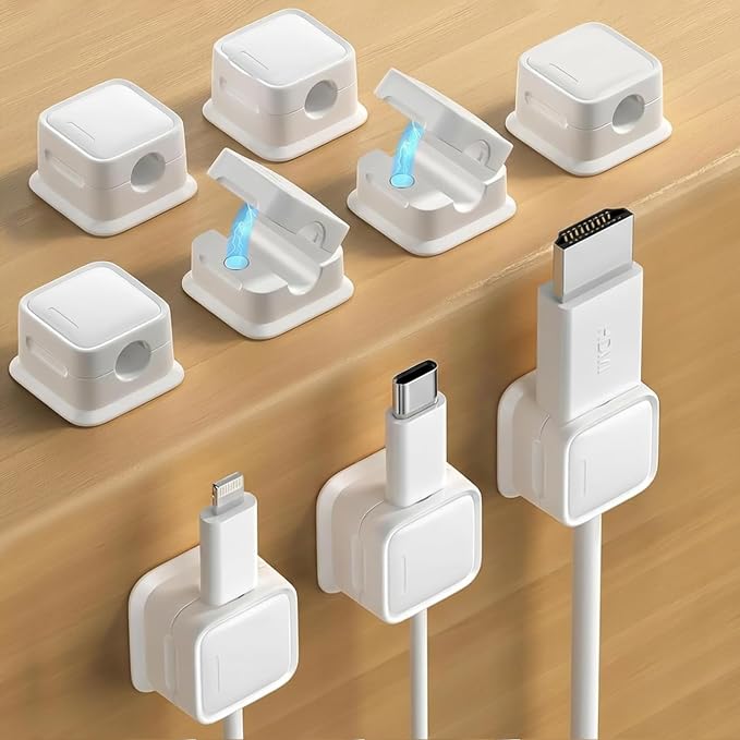 Cord Organizer, Magnetic Cable Clips, Under Desk Management, 9 Pack, White | 0.27in Cable Compatible,Strong Adheive Wire Holder Keeper,Easy Open Phone Charger Holder for Home Car Desk Nightstand Office