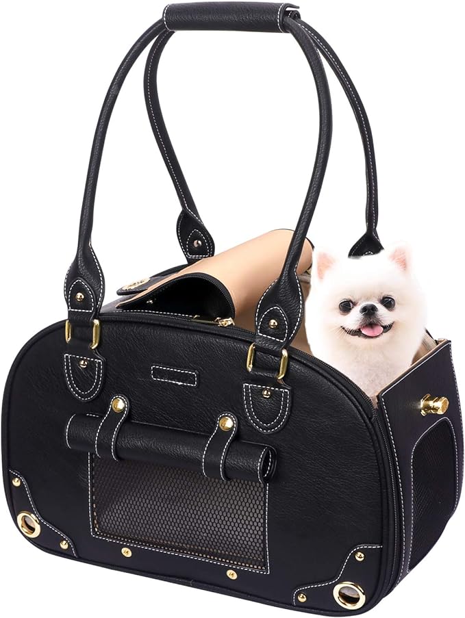 Dog Carrier Purse, Pet Carrier, Waterproof Premium Leather Pet Travel Portable Bag Carrier for Cat and Small Dog Home & Outdoor Medium Black