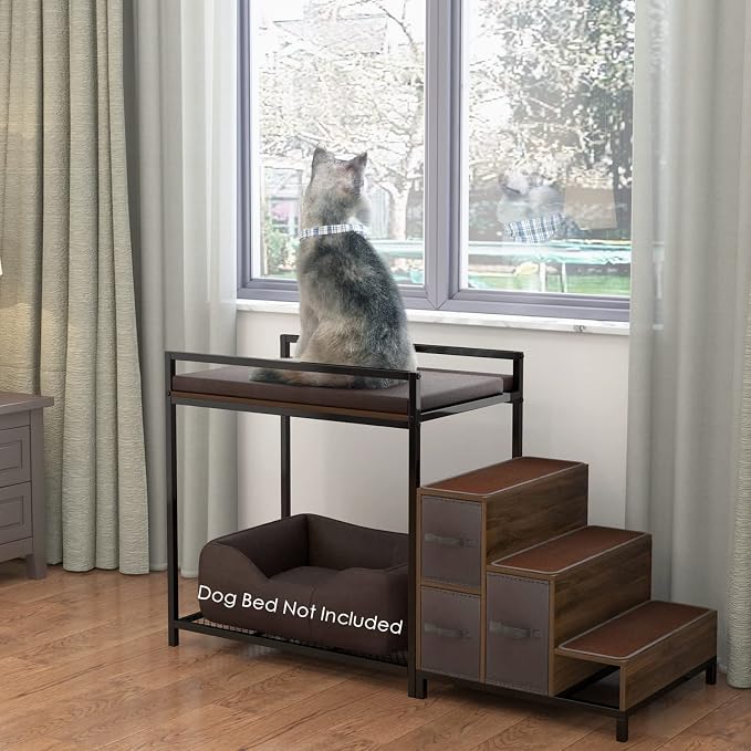 GDLF Dog Window Perch, Dog Bunk Bed with Stairs & Storage Platform | Multi-Level Platform with Foam Cushion, Non-Slip Steps and Storage Space, Designed for Small Dogs to Relax Near Windows