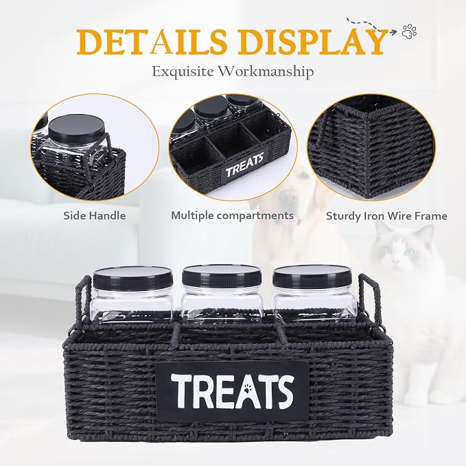 Dog Treat Container for Countertop,3pcs Pet Dog Treat Jars 1 Liter,4-Compartments Dog Treat Organizer,Woven Paper Rope Basket with Metal Frame for Pet Treats-Black