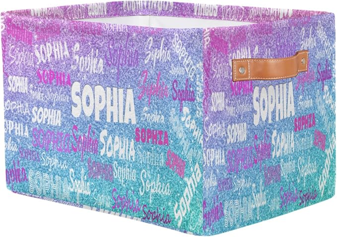 Personalized Name Storage Basket, Gradient Purple Blue Glitters Print | Organizing Boys Girls Pets Toys Closet Shelf Clothes Books
