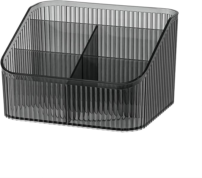DASITON Large Capacity Makeup Brush Holder,5 Slot Makeup Brush Cup,Vintage striped Make Up Brush Holder,for Vanity Decor,Bathroom Countertops,Desk Storage Container,Cosmetic Display cases(Black-L)