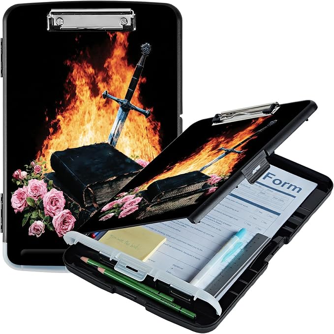 A4 Clipboard with Storage Pen Holder, Clipboards Organizer Nursing Clipboard Foldable File Folder Plastic Clipboard Folio Clip Board for Office Work Classroom Doctor, Flame Book Rose