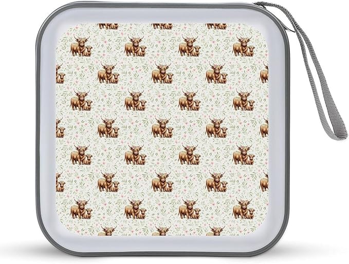 CD Case Storage Organizer Binder Highland Cow Print Protective Disc Holder | DVD Wallet for Car Home Office Travel, Highland Cow Print, Hard Plastic, Hand Strap, 40 Capacity