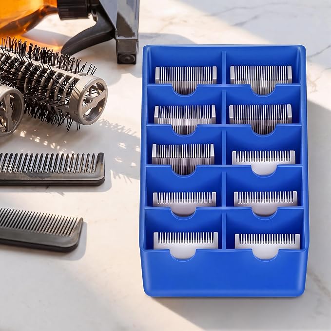 1 Pack Blue Clipper Blade Holder 10 Slot Clipper Razor Blade Rack Storage Tray Caddy Grooming and Barber Holder Organizer Case and Stylist Station Accessories