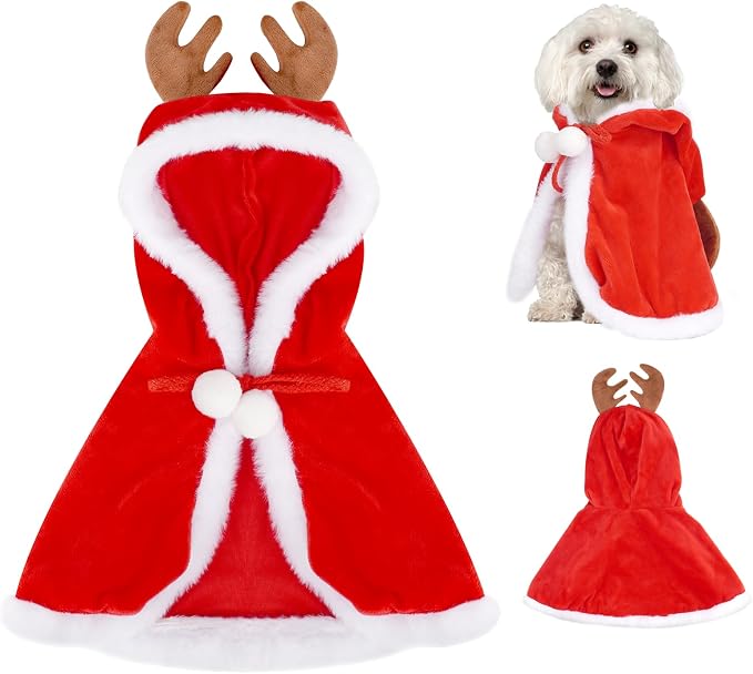 Dog Christmas Cape Velvet, Pet Santa Costume with Elk Antlers Hat Santa Claus Reindeer Outfit Puppy Xmas Hoodie Cloak Dog Clothes for Small Dogs Cat Doggie Cloak