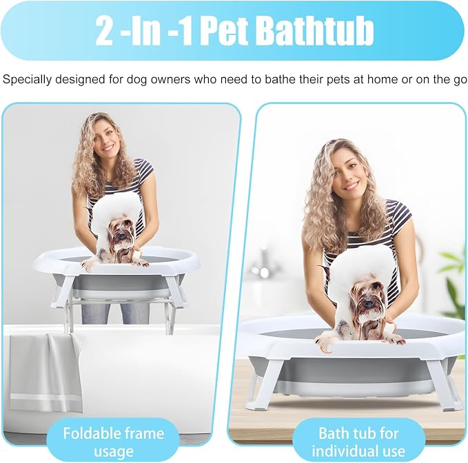 2-in-1 Foldable Dog Bathtub with Stand - Portable Dog Bath Tub for Small Medium Dogs up to 15kg, Adjustable Height Pet Bathing Station with Drain Hole&Storage Rack for Indoor Outdoor (White)