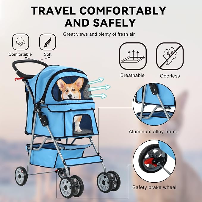 4 Wheels Cat Stroller, Pet Cat Jogger Stroller, Folding Carrier Waterpro with Cup Holder & Removable Liner, Dog Strollers for Small Dogs, for Small and Medium Pet Supplies (Blue)