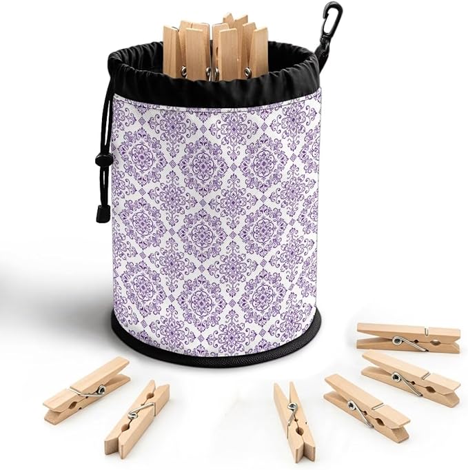 Clothespin Bag Holder Purple Damask Pattern Hanging Clothespin Bag with Hooks Large Capacity Clothespin Storage Organizer for Clothesline Outdoor