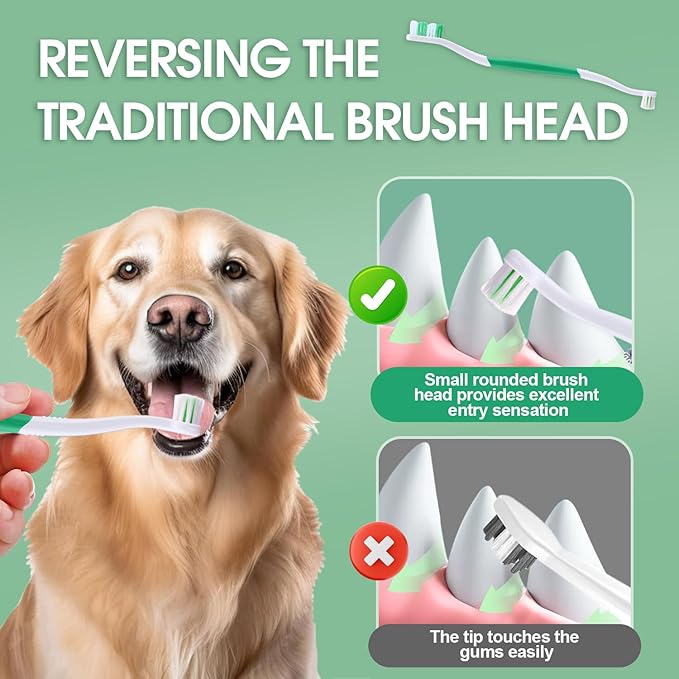 Dog Toothbrush – Newly Upgraded Dual-Head Design with 60° Wavy Bristles – Gently Surrounds Teeth for Deep Cleaning and Plaque Removal – Non-Slip Handle, Ideal for Daily Pet Dental Care (Green, 1-Pack)
