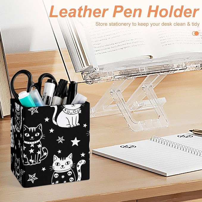 PU Leather Pen Pencil Holder Halloween Gothic Witch Moon Star Cat Skull Black And White Pencil Cup Stationery Container Box Makeup Brush Holder Storage Organizer for Office Supplies