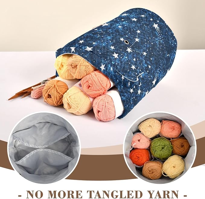 Tatenale Crochet Bag Yarn Bag Knitting Project Bag with Pockets and Handle Portable Yarn Storage Organizer Tangle Free 8.3x11 InchDark Blue Star33