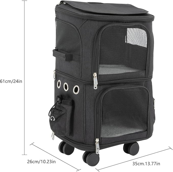 2-Tier Rolling Pet Carrier for Cats & Dogs, Removable Divider, Telescopic Handle, 4 Wheels, Breathable Mesh, Foldable, Large Portable Travel Crate with Side Pockets, 22lbs Capacity,Black