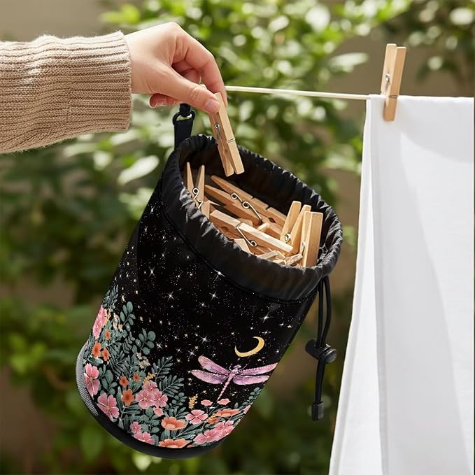 Dragonfly Floral Clothespin Storage Bag Drawstring, Laundry Peg Organizer Pouch with Metal Button for Hanging, Portable Clips Holder for Drying Rack, Camping, Dorm