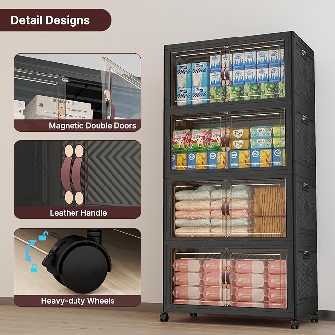 Stackable Storage Bins with Lids, 960QT Lockable Storage Cabinet | Folding Storage Box with Doors and Wheels, Collapsible Plastic Drawers for Home, Garage, Office