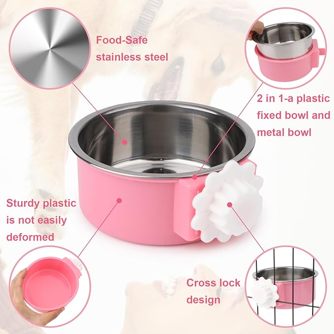 Hypeety Dog Crate Water Bowl No Spill - Hanging Attachable Pet Bowls for Kennel Durable Stainless Steel Food Water Dishes for Small Dogs Cats Rabbits Parrots with Non-Slip Base (Pink)