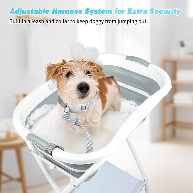 FHTONGE Elevated Dog Bathtub Grooming Station with Drain Adjustable Collar | 2 in 1 Collapsible Dogs Beautify Bathtub Portable Pet Washing Station, Pet Tub for Small Medium Dog Cat Shower Hairdressing