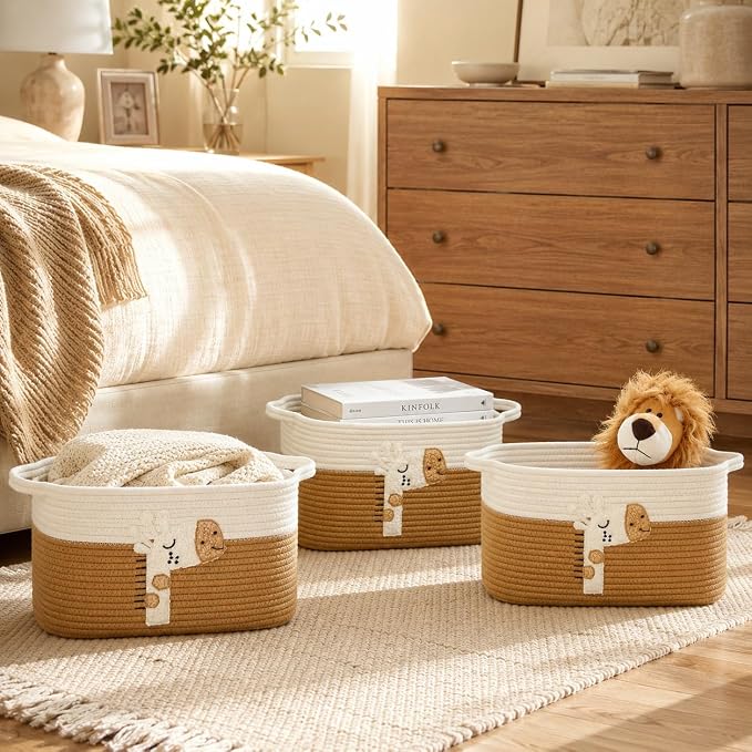 Storage Basket, Woven Baskets for Shelves, Giraffe | 3 Pack Boho Cotton Rope Storage Baskets, 14" x 9" x 8", Home Organizer for Nursery, Holds Toys, Books & Towels