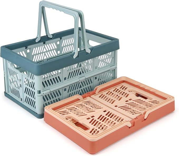 2-Pack Foldable Storage Baskets, 20L Collapsible Crates PP Blue+Pink | Comfortable carry handles, space-saving design, sturdy PP construction for home storage shopping camping and picnics