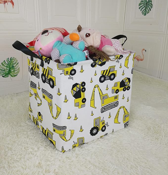 Square Storage Basket Gift Shelf Basket Storage Bin, Nursery Basket Organizer Box for With Handles for Room Deco (Excavator)