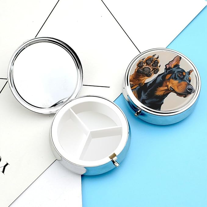 Doberman Paw Art Dog Metal Pill Organizer with Mirror, 3-Compartment Travel Pill Box, 2-Inch Round Pocket Medicine Case with Secure Latch, Portable Vitamin Holder for Women & Men