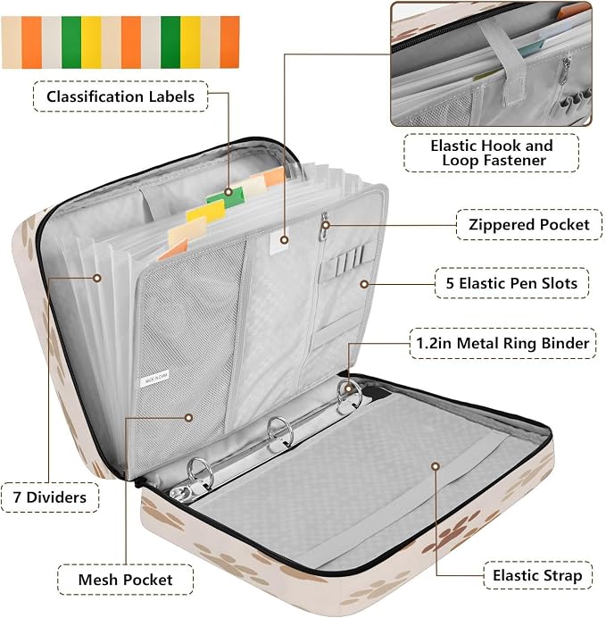 SUABO Pet Paw Expanding File Folder Binder Bag | Accordion File Organizer with Zipper & Labels, 3 Ring Binder, Multi Pockets for Office School Home Portable Lightweight