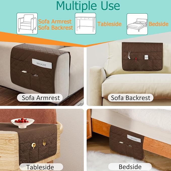 Remote Control Holder for Recliner Non-Slip Armchair Caddy Couch Armrest Organizer, Arm Chair Bedside Caddy Storage Organizer for Recliner Couch With 6 Pockets for Magazine, Phone, iPad (Brown)