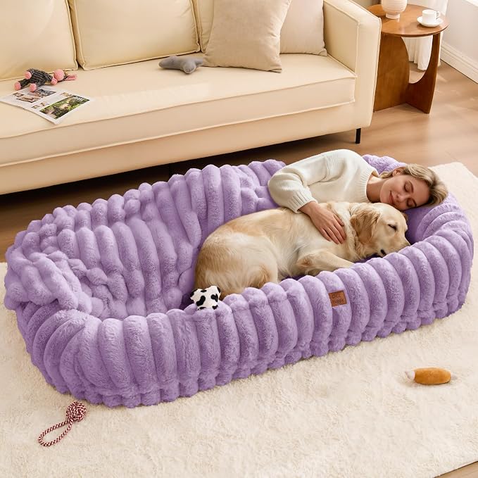 ChiXnuggle Orthopedic Human Dog Bed,Striped Faux Fur Washable Cover,Blanket | purple,72*40*10,giant dog bed for adult or extra large dogs,egg crate foam,non-slip bottom