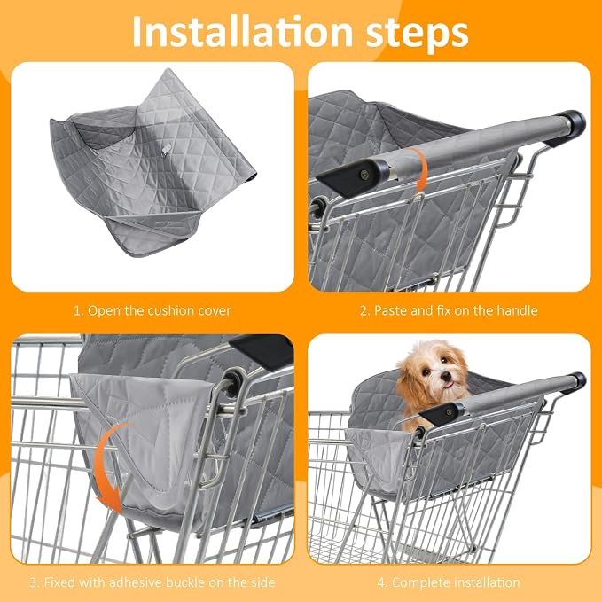 Pet Shopping Cart Cover, Portable Quilting Grocery Cart Cover with Storage Bag for Pets, Secured with Hook and Loop, Machine Washable for Pet Dog Cat, Easy-on Stretch(Gray)