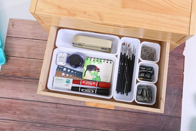 Kutesna 25 PCS White Drawer Organizer Set, 4 Size Interlocking Plastic Storage Bins for Office Supplies, Jewelry Makeup Vanity, Bathroom Kitchen, Home Organization Closet, Gadgets Small Items