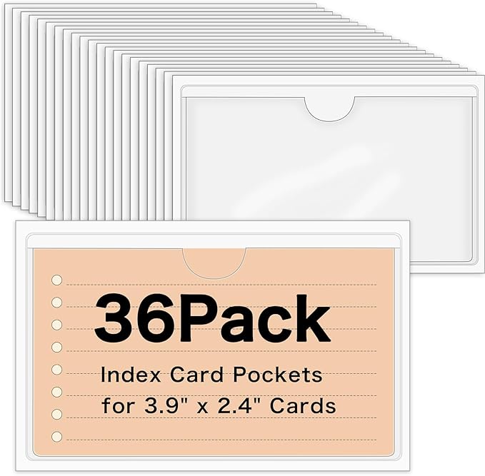 36 Pack Adhesive Index Card Pockets, Clear Top-Load Holders, 2.4 x 3.9 in | Clear PVC, self-adhesive backing, top opening, for bins shelves totes library cards and labels