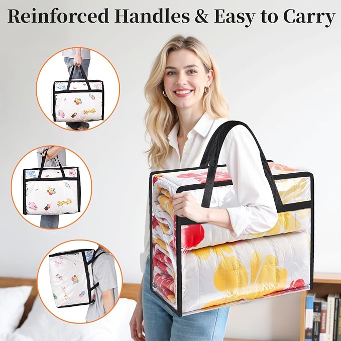 SpaceTrove Clear Storage Bags, 4-Pack Under Bed and Closet Organizers 90L | Clear PVC bags with zippers and handles, foldable waterproof moving bags store comforters, blankets, bedding, clothes and toy