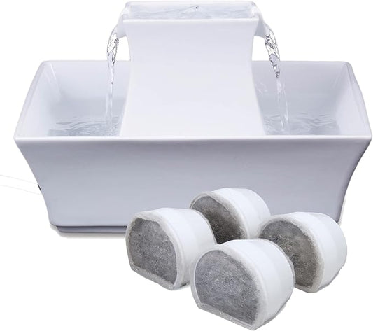 PetSafe Drinkwell Pagoda Pet Fountain 70 oz/ 2L Capacity,Elevated Indoor Ceramic Cat Water Fountain, 2 Levels of Free-Falling Stream, Included Carbon & Foam Filter Provide Fresh Water with Every Sip