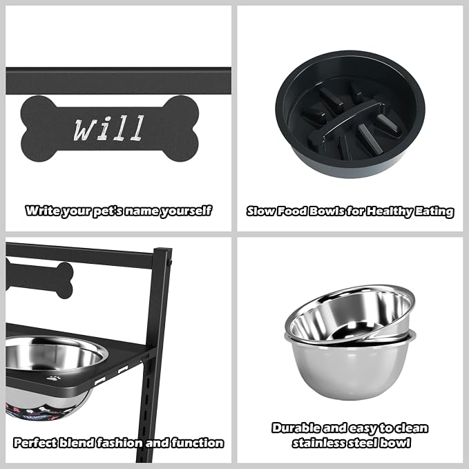 ADENGL 9 Height Adjustable Dog Bowl Stand with Two 1.7L Stainless Steel, Slow Feeder Bowls and Nonslip Pad, Perfect for Medium and Large Dogs