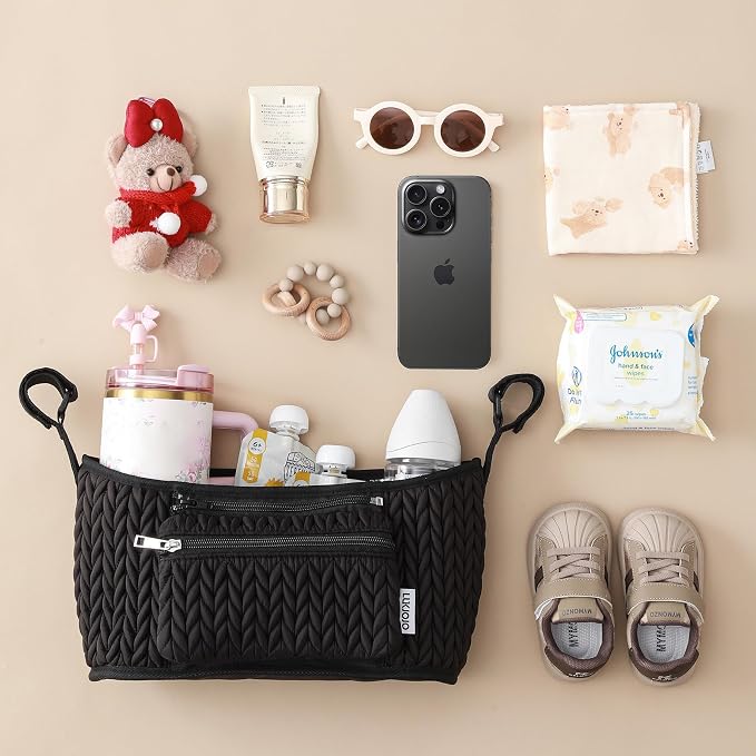 Stroller Organizer - Stylish Quilting Nylon, Universal Fit, Detachable Bag, Adjustable Multi-Storage for Baby Stroller and Pet Stroller（Black-A
