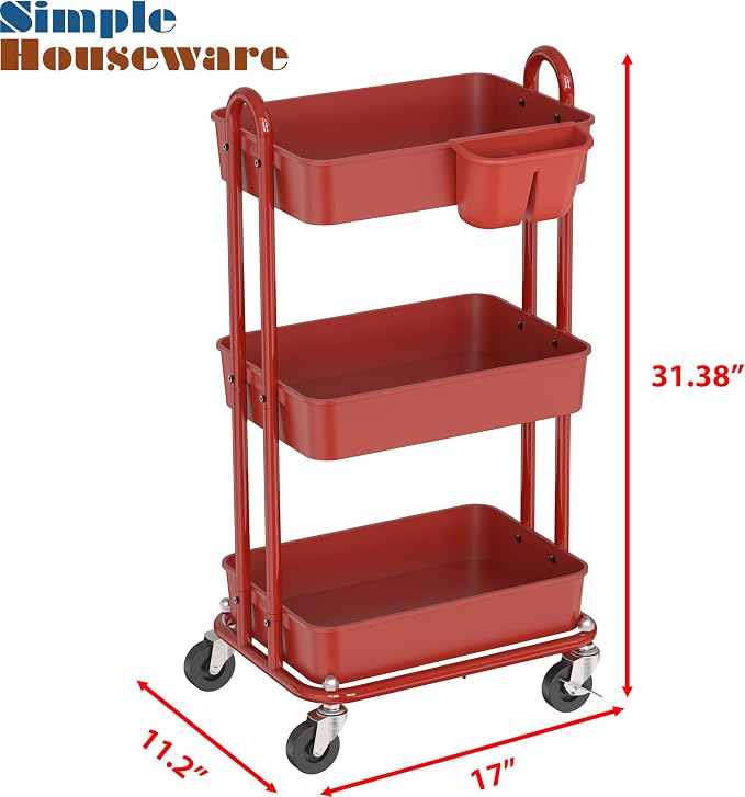 Simple Houseware 3-Tier Rolling Utility Cart with Hanging Bucket, Red | Storage for Bathroom, Kitchen, Office, Study Room, Nursery Diaper