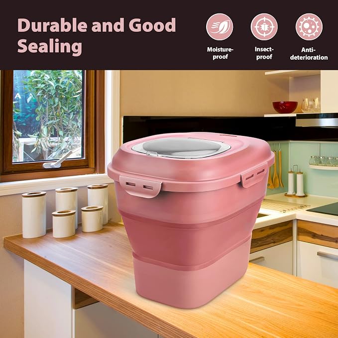 Viretec Cereal Rice Storage Containers, 20 to 50Lbs Collapsible Dry Food Dispenser Bins with Airtight Flip Lid Rolling Wheel, Kitchen Pantry to Store Sugar Flour, Dog Pet Cat Food Holder Container
