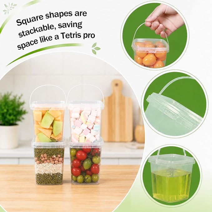 METAPACK 9.5 fl oz/280 ml Square Food Storage Container with Lid and Handle | Stackable Containers for Candy, Desserts, Party Favors, Kids Snacks, Kitchen Organization and Portable Food Storage