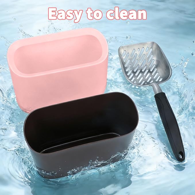 Metal Cat Litter Scoop with Holder, Lidded Caddy Set, Pink | Sifting Slots, Curved Grip, Rinse-Clean Holder, 12 x 4 x 1.5 in Aluminum Scoop, 8 x 2.9 x 5.9 in Lidded Caddy