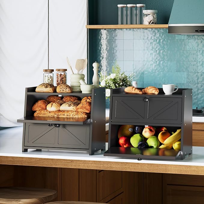 Trironsun Vintage Double Layer Bread Box for Kitchen Counter Bamboo Bread Storage Container Large Capacity Bread Storage Bin (Black)