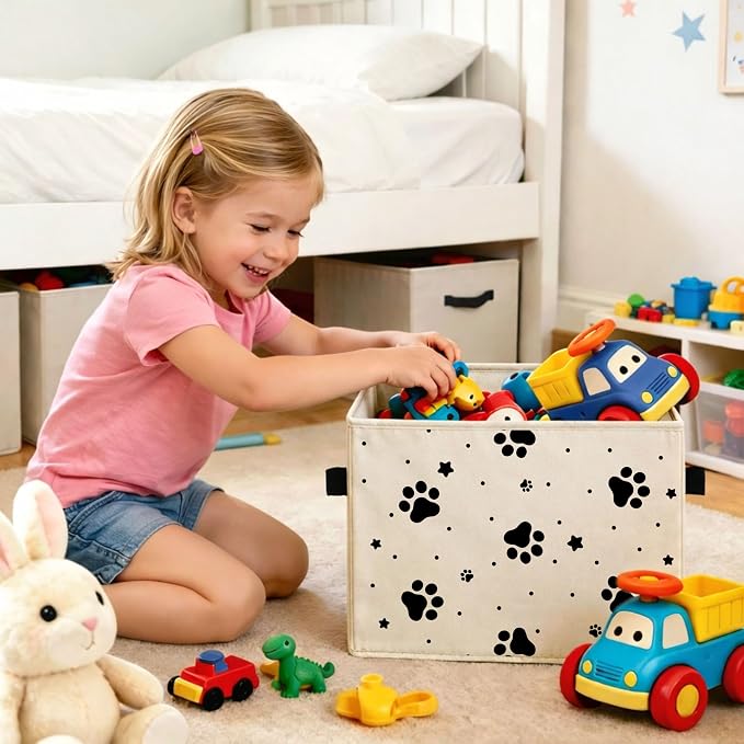 Paw Print Storage Bin, Foldable Fabric Organizer | Black paw print storage bin with stars and dots for toys, books, clothes, pet items, shelves, closets, and rooms.