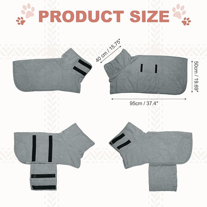 Dog Drying Coat, Dog Robes for After Bath Bathrobe Super Absorbent Towel Soft Adjustable, (XL, Gray), Intended for Fast Drying Warm Keeping Pet Cats Kitten Puppies